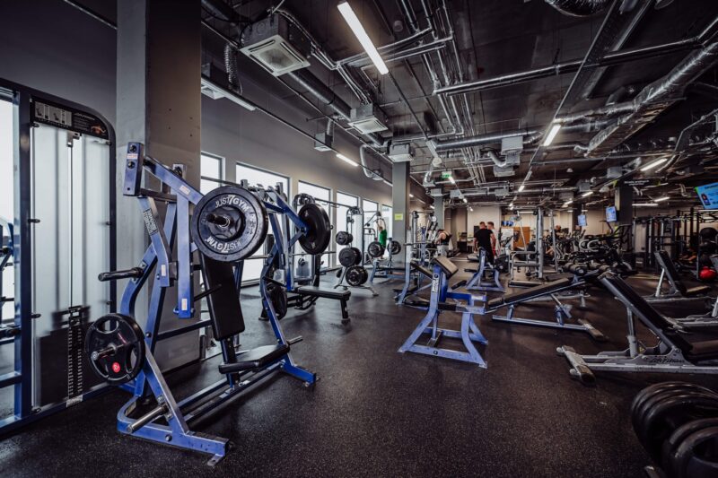 Sztangi z obciążeniem w strefie wolnych ciężarów Well Fitness Świdnica
