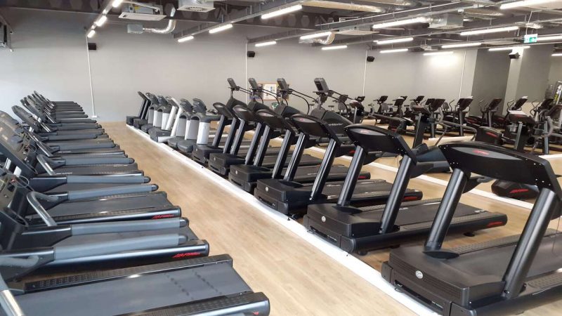 Strefa do ćwiczeń cardio. W rzędach stoją bieżnie, rowerki oraz orbitreki.