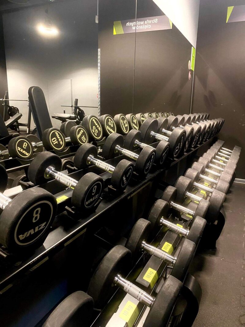 Strefa wolnych ciężarów siłownia Well Fitness Łódź Chojny – hantle i sztangi