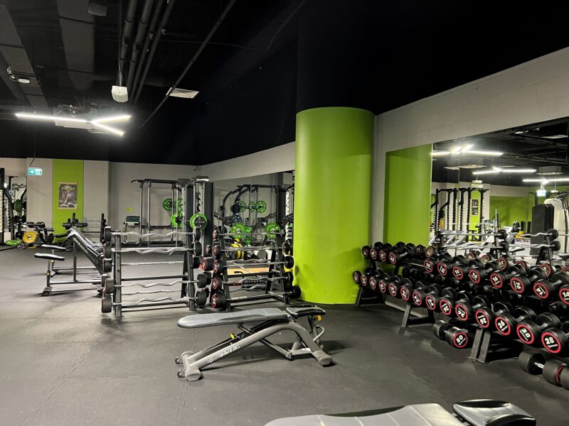 Strefa wolnych ciężarów z hantlami i sztangami w Well Fitness Warszawa Złote Tarasy