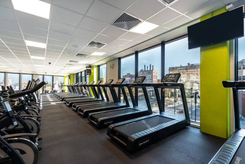Strefa cardio z bieżniami przy dużych oknach w Well Fitness Łódź – Brama Miasta