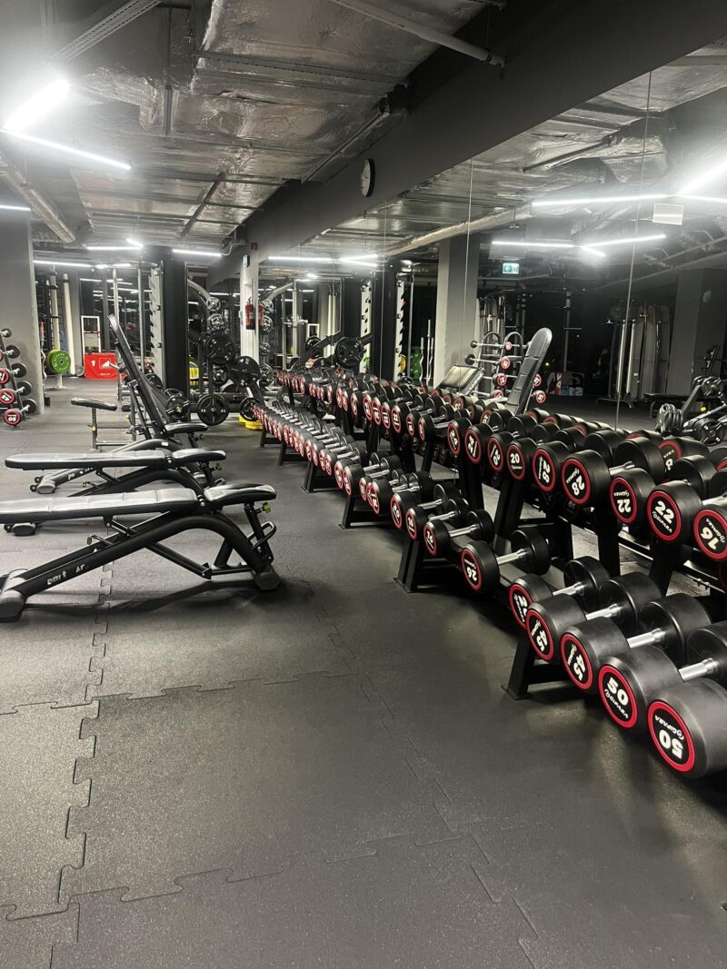 Strefa wolnych ciężarów z lustrami – Well Fitness Łódź Imagine.