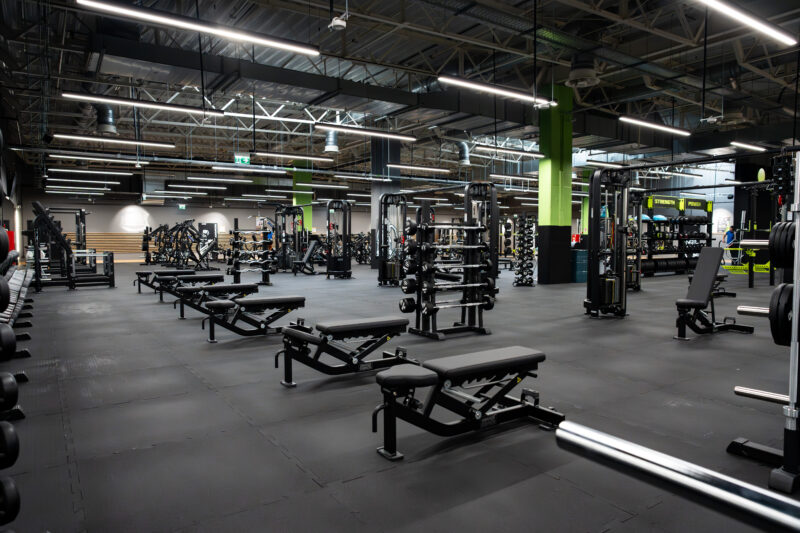 Ławki treningowe i hantle w przestronnej siłowni Well Fitness Piaseczno
